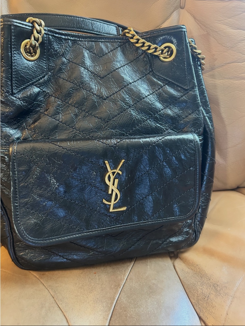 NWOT Saint Laurent Niki Large Tote Black Crinkled Leather Gold YSL - Picture 5 of 10